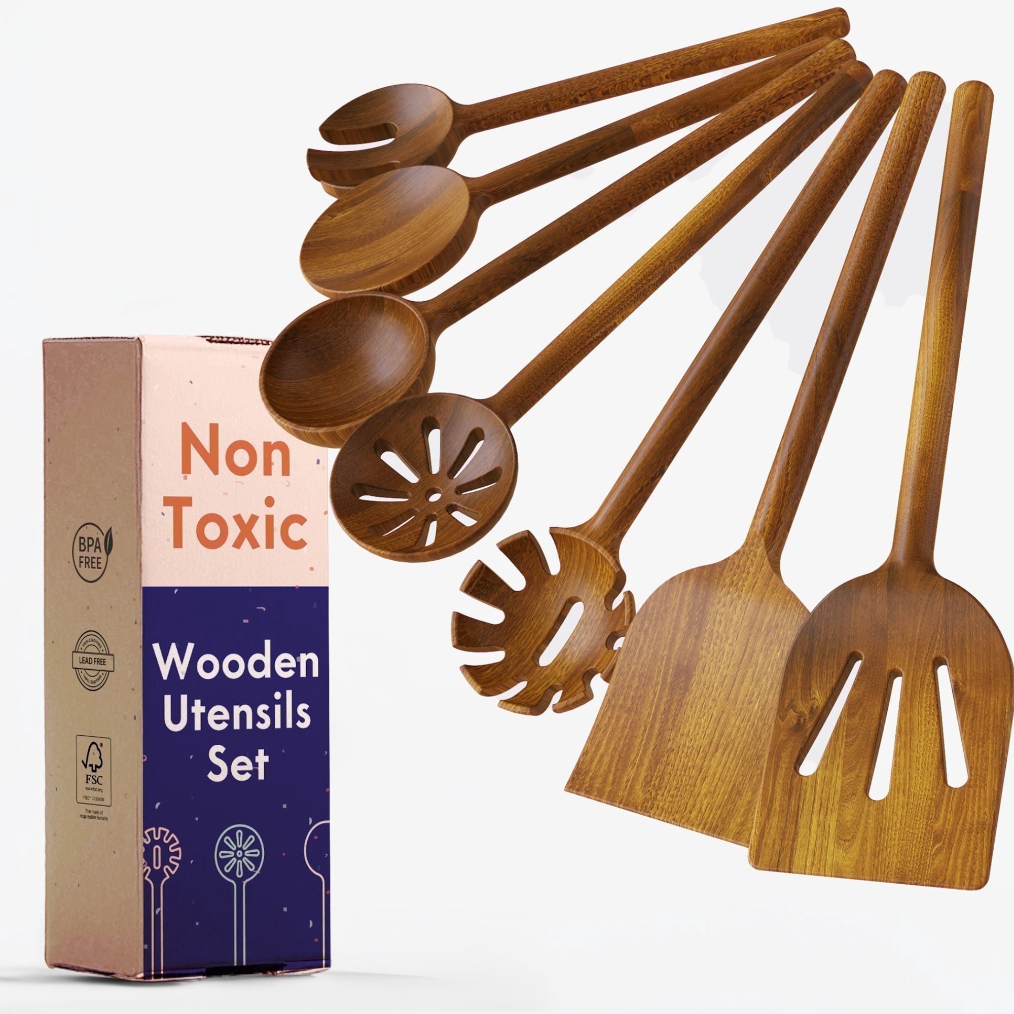 Non-Toxic Cooking Utensils 7-Piece, Glue-Free & One-Piece Wooden Spoons, Natural Wooden Set with Plant-Based Finish, Free of Chemicals. - Walmart.com