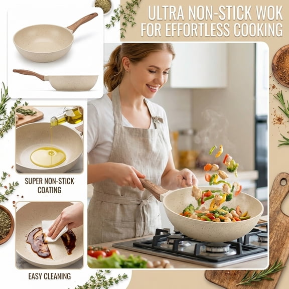 Non Toxic Cookware, Nonstick Skillet, 9.5In Cooking Surface, Kitchen Frying Pan, Home Cooking, Cream Tone, 1 Pc