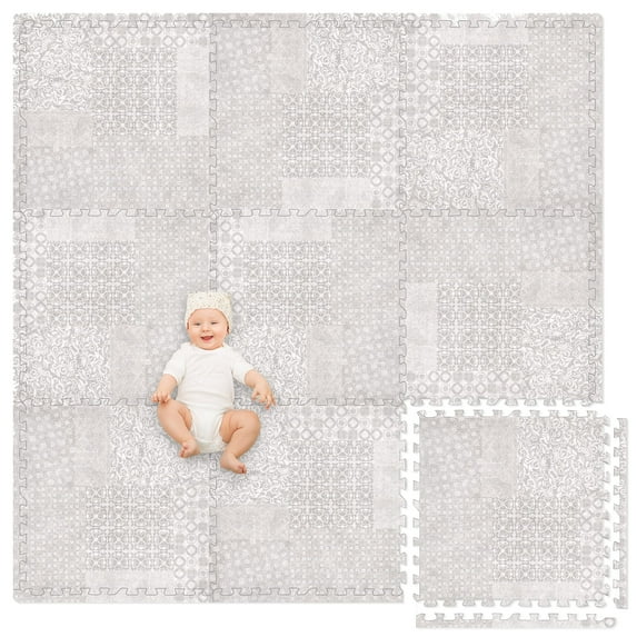 Play Platoon Non-Toxic Extra-Thick Childrens Foam Play Mats for Floor, 9 Tiles - 72 x 72 inch Comfortable Cushioned Foam Floor Puzzle Tiles for Kids & Toddlers with 24 x 24 inch Sets - Khaki