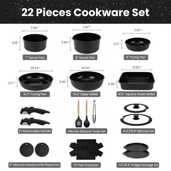 Non-Toxic Nonstick Ceramic 22 pcs pots and pans set complete Cookware Set with Lids,Detachable Handle,PFAS-Free,Dishwasher Oven Safe,Kitchen Outdoor Induction Compatible