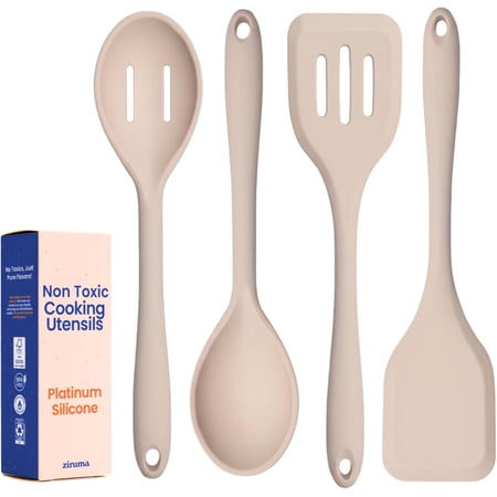 Non-Toxic Platinum Silicone Kitchen Utensil Set of 4 – Non-Scratch Cooking Spoon & Spatula, 100% Plastic Free, Stainless Steel Core, Heat Resistant 500°F, Bei