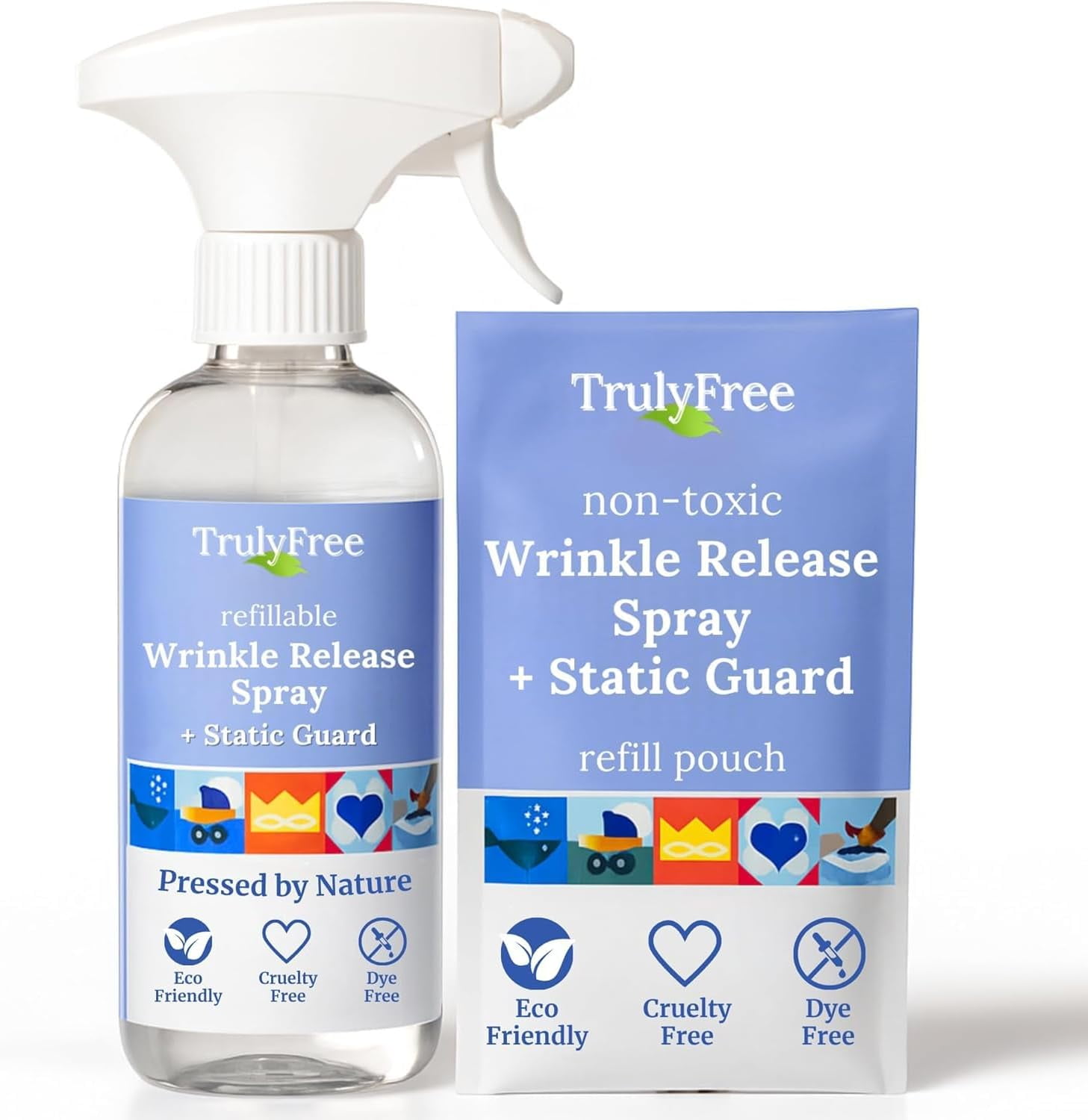 Non-Toxic Wrinkle & Static Releaser (1-Pack); Static Guard; Wrinkle Spray Release; Plant Based; 12 oz Bottle, 1 Refill (Truly Free Refillable)