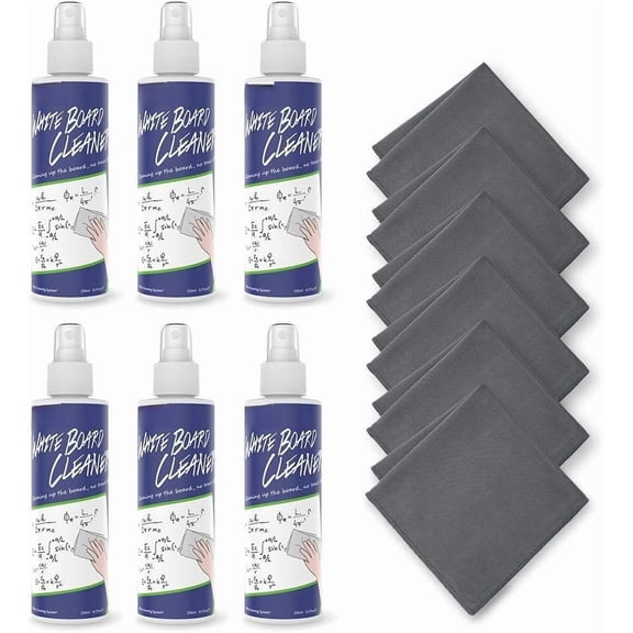 Non- Whiteboard Cleaner, 8.5 fl oz Dry Erase Board Cleaner, Low-Odor Whiteboard Cleaning with Cloths, Removes Stubborn Marks from Whiteboards, Chalkboard (6-Pack)