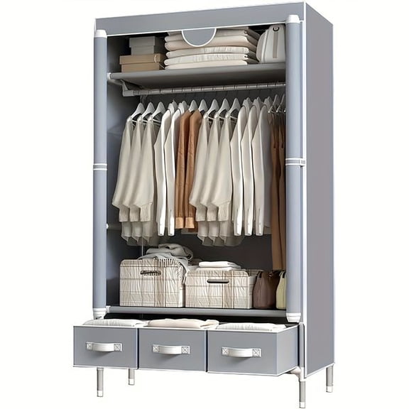 Non-Woven Fabric Portable Closet Wardrobe with Rolling Door & Hanging Rack - Lightweight Clothes Storage Organizer, 3 Drawers & Curtain Design - 67x35x17 inches