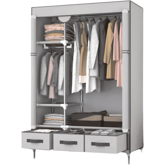 Non-Woven Fabric Portable Closet Wardrobe with Rolling Door & Hanging Rack - Lightweight Clothes Storage Organizer, 3 Drawers & Curtain Design-67x44x17 inches