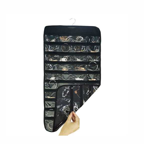 Non-Woven Fabrics Jewelry Hanging Bag Wall Shelf Wardrobe Jewelry Roll with Rotating Hook and Transparent PVC 80 Grids Rectangle Black