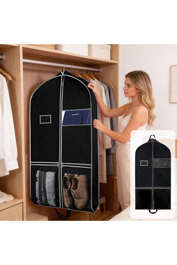 Non Woven Garment Bag With Mesh Pocket, Travel Suit Cover Storage Bag, Dustproof Waterproof Clothes Protector For Closet And Travel Use