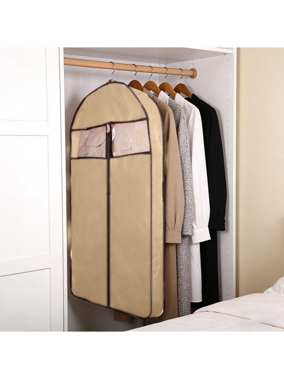 Non‑Woven Hanging Garment Bag with Transparent Window, Foldable Suit Cover Dust‑Proof Clothes Protector for Closet Storage & Travel, for Coats Jackets Shirts,Khaki