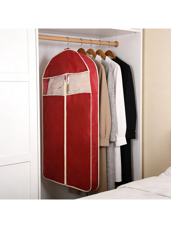 Non‑Woven Hanging Garment Bag with Transparent Window, Foldable Suit Cover Dust‑Proof Clothes Protector for Closet Storage & Travel, for Coats Jackets Shirts,Red