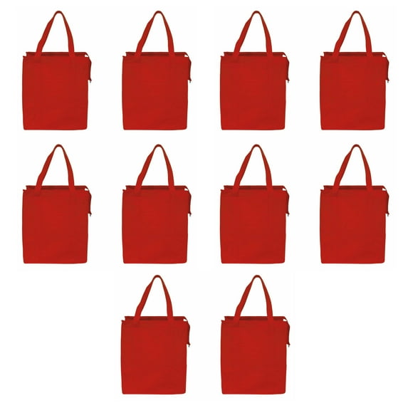 Non-Woven Insulated Tote Bags Set of 10, Bulk Pack - Reusable, Great for Picnic, Camping, Beach, Outdoor Activities - Red
