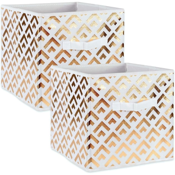 Non Woven Polyester Metallic Diamond Storage Bin, Small Set of 2, White/Gold