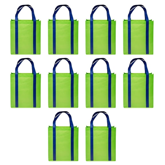 Non Woven Shopping Tote Bags Set of 10, Bulk Pack - Reusable, Great for Shopping, Grocery, Beach, Picnic, Wedding Favors - LimeGreenBlue