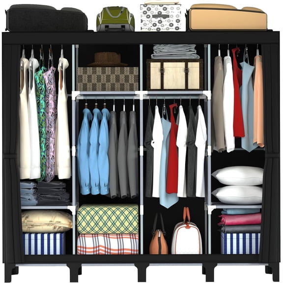 Non-Woven Wardrobe Storage Rack Large Capacity, No-Tool Assembly, Movable, Waterproof & Dustproof, Black, X-Large (67.7 x 17.7 x 67.7 Inches)