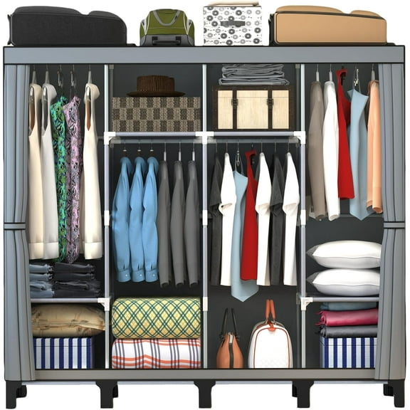 Non-Woven Wardrobe with Hanging Rods and Shelves, Waterproof Dustproof Stain Resistant, Grey X-Large
