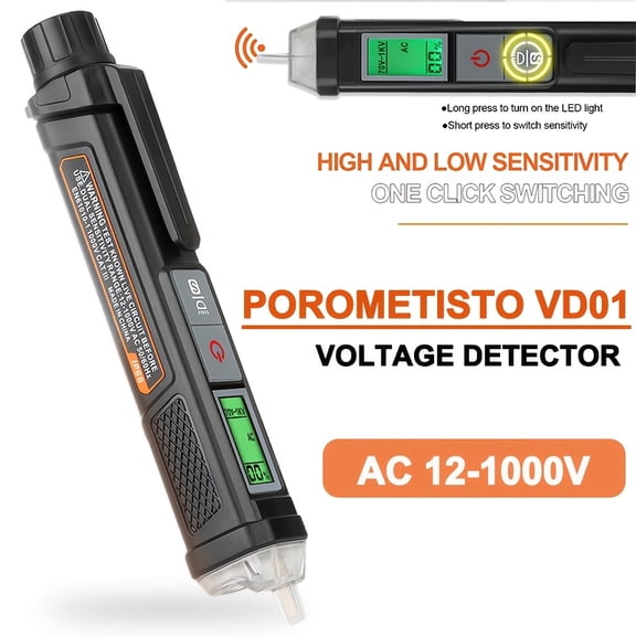 POROMETISTO VD01 Non Contact AC Voltage Tester Pen, 12V-1KV /70V-1KV Dual Sensitivity NCV Voltage Detector, IP66 Waterproof Wire Breakpoint Finder with LED Flashlight, LCD Display for Live/Neutral Wi