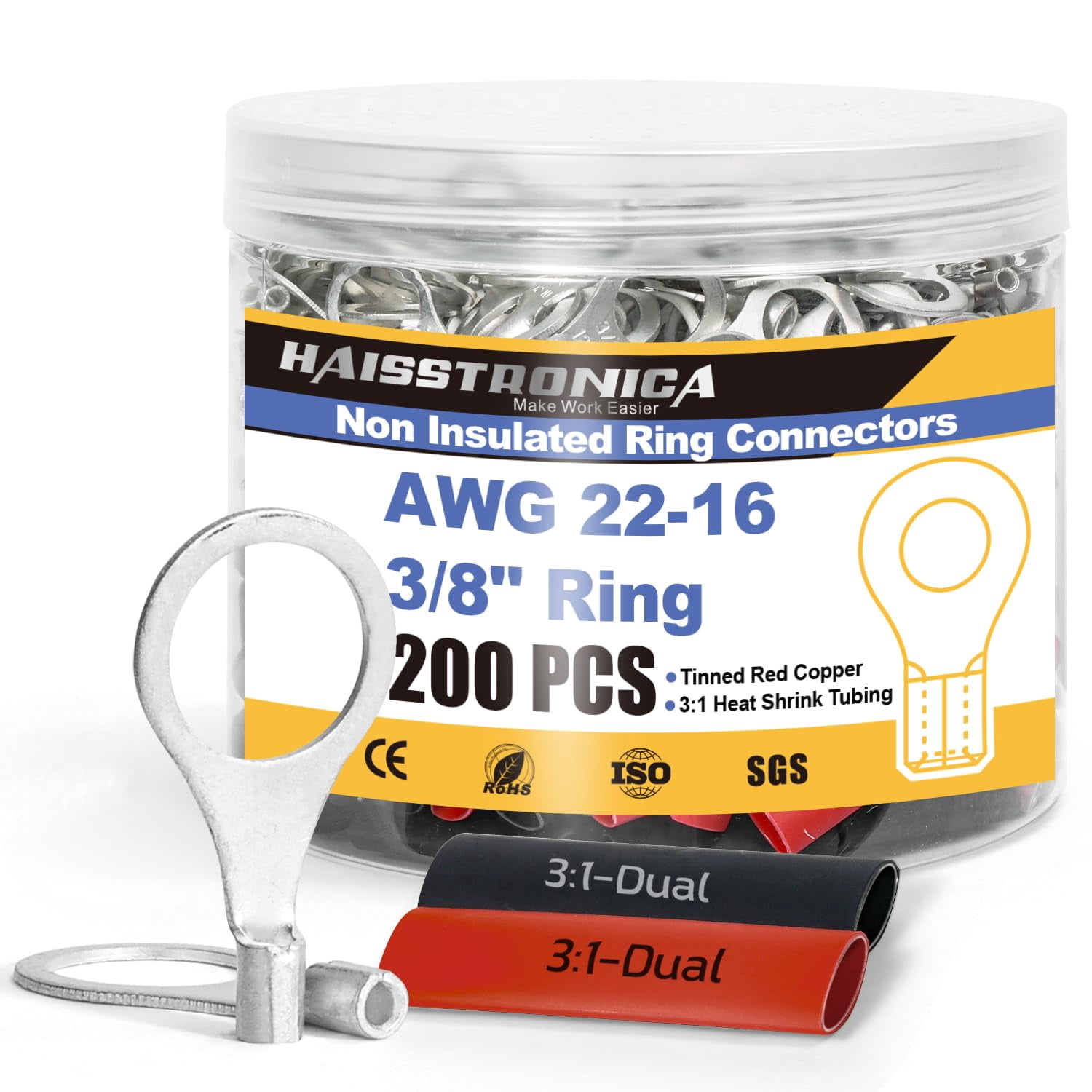 Non-insulated wire connector kit, includes 100 3/8 inch ring terminals (22-16) and 100 3:1 heat shrink tubes, suitable for automotive and marine, for welding and soldering wire crimp terminals