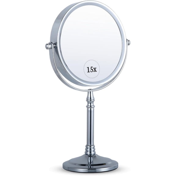 MIRRORVANA 15X Magnifying Makeup Mirror with Stand - Double-Sided 15X/1X Design - Suitable for Vanity Desk, Dressing Table, or Bathroom Countertop for Precise Make Up - 12" High x 6" Wide (Chrome)