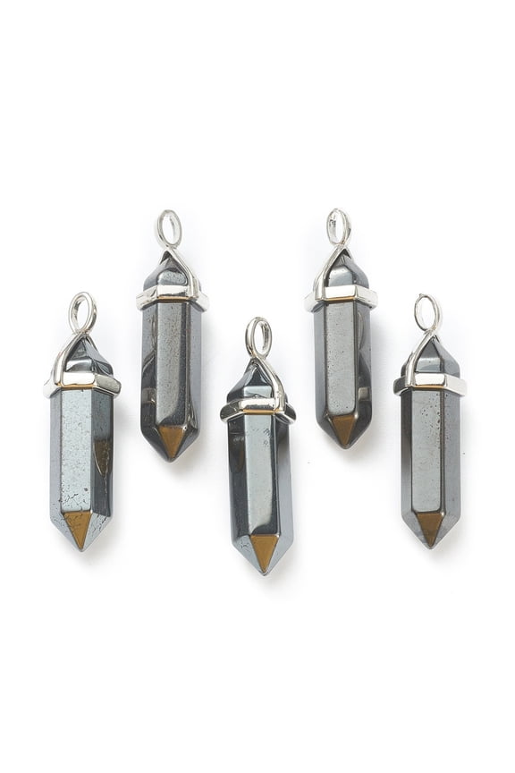 Non-magnetic Hematite Pointed Pendants with Platinum Tone Brass Findings 39.5x12x11.5mm Hole: 4.5x2.8mm