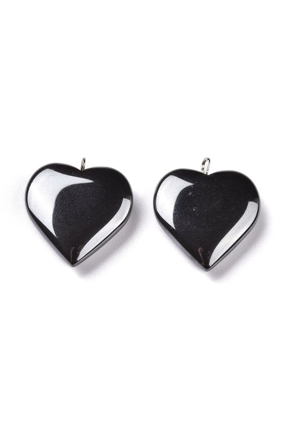 Non-magnetic Synthetic Hematite Pendants with Platinum Plated Brass Loop Heart 23x20x5mm Hole: 2mm