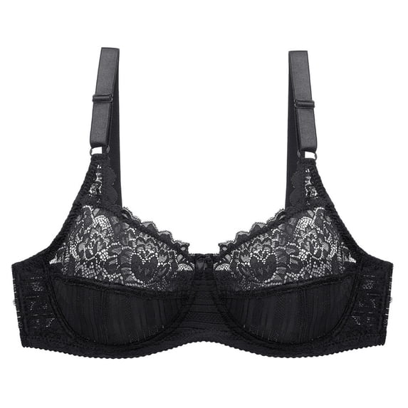 Non-padded Full Coverage Bras Women's Plus Size Full Figure Underwire Bras Breathable Mesh Embroidery Lace Push-Up Support