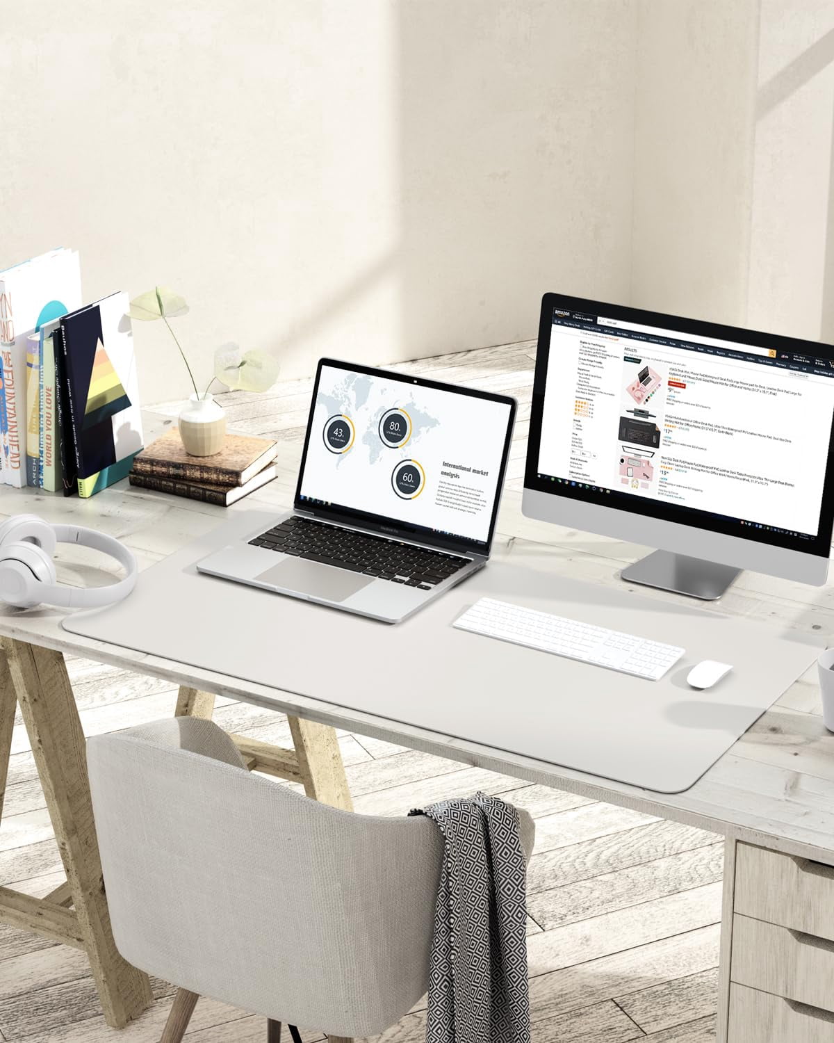 Non-slip Leather Desk Pad L Size  Waterproof Laptop Computer Mat Table Protector Blotter Large Mouse For Office/work/home/decor(apricot Gray 35.4" X 17")