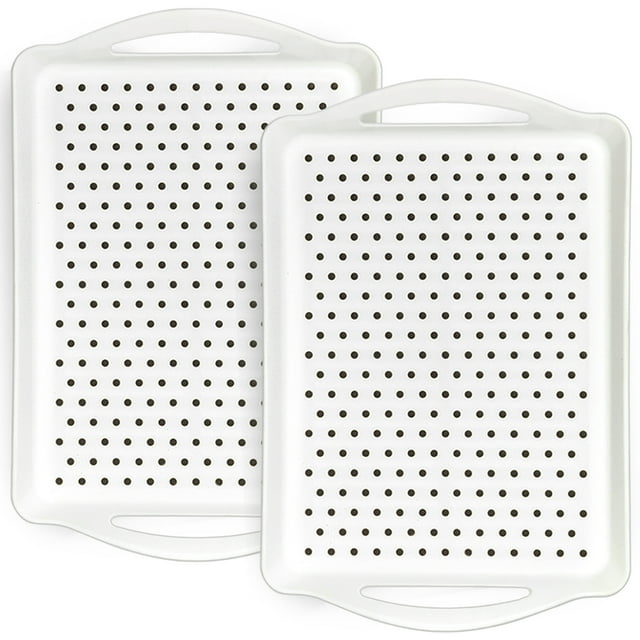 Non-slip Serving Trays, 2 Pack Large Serving Tray with Handles, 16.5" x 11.2" x 1.6" Food Serve Trays for Dinner, Drinks, Snacks (White)