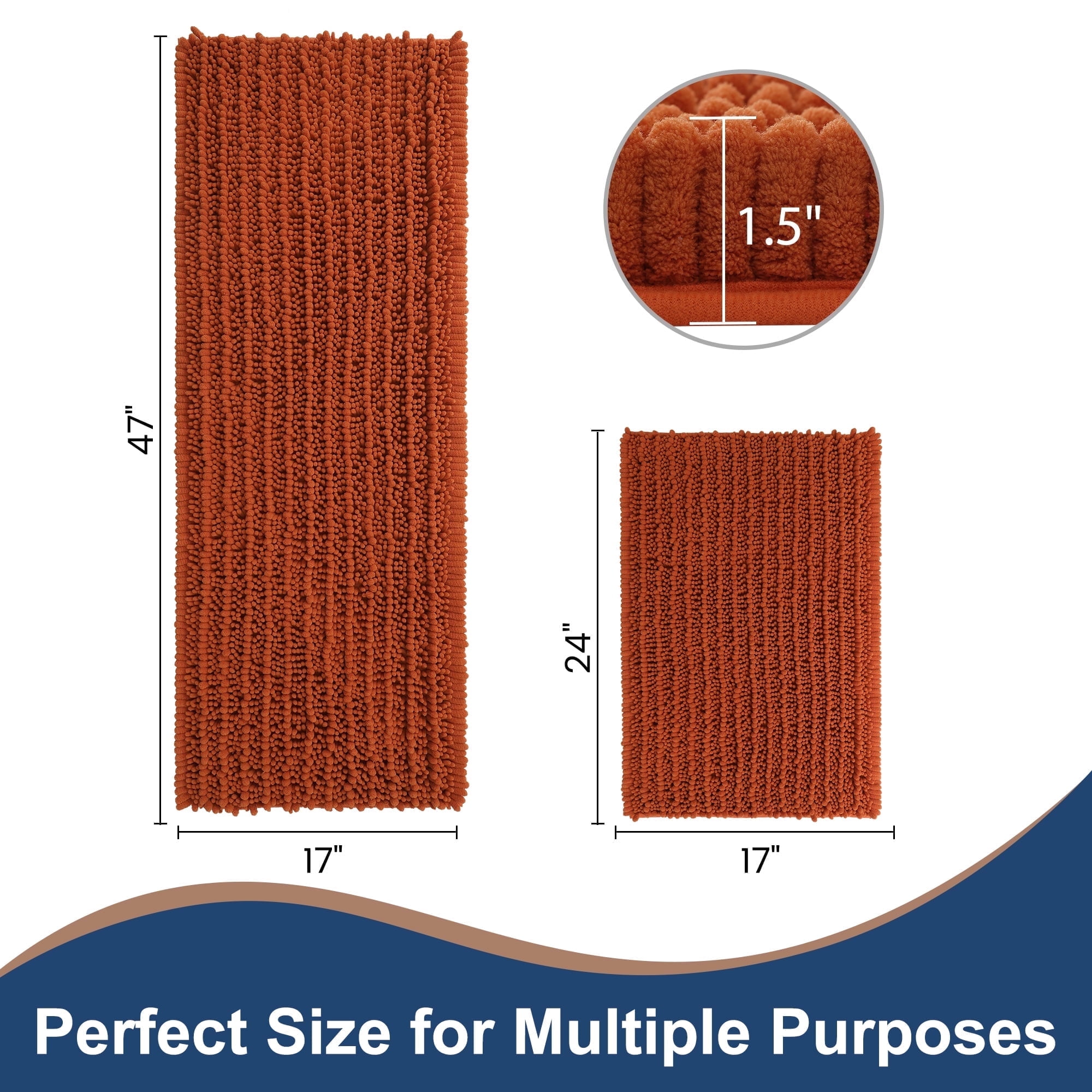 Non-slip Thick Fluffy Chenille Bathroom Rug Set,The thickened hot-melt rubber bottom bath mat is suitable for the bathroom(Burnt Orange,47*17+24*17)