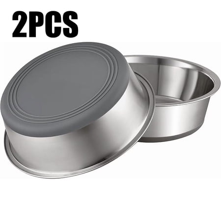 OFEFE 2-Pack Non-Slip Stainless Steel Dog & Cat Bowls - 2 Cup Capacity Pet Food & Water Bowls with Silicone Base for Small Pets Under 20lbs (5.5" Diameter, Metal & Silicone)