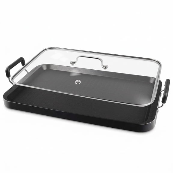 Non-stick Aluminum Double Burner Griddle Pan with Glass Lid, 17.87 x 11.22 x 2.87 inches