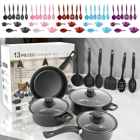 Non-stick Cookware Set, 13-piece Kitchen Pots and Pans Set, Black Iron Cookware with Glass Lids, Includes Frying Pan, Milk Pot, Soup Pots, and Spatulas, Even Heat Distribution for Home Cooking