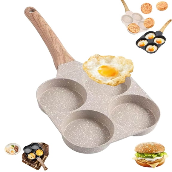 Non-stick Egg Frying Pan, 4-Hole Flat Pan with Handle, Nonstick Granite Pancake Skillet, Healthy Breakfast, Compatible with Gas Stove & Induction Cooktop
