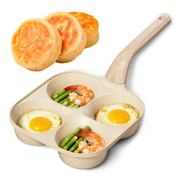 Non-stick Egg Frying Pan, 4 Hole Skillet with Handle, Cooking Accessories, Breakfast Egg Toast Bread Food, Non Stick Cookingware, Kitchen Gadgets Granite surface, easy clean, works on gas stove & ind