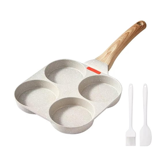 Non-stick Egg Frying Pan, 4 Holes Skillet with Handle, Multifunctional, Wooden Handle Medical Stone, Iron Egg Cooker for Breakfast for Multiple Cooking Methods, Suitable for Gas Stove White