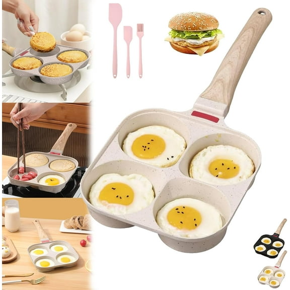 Non-stick Egg Frying Pan, 4 Holes Skillet with Handle, Multifunctional, Wooden Handle Medical Stone, Mini Muffin Egg Cooker Pancake Nonstick Griddle, Quick Breakfast Skillet