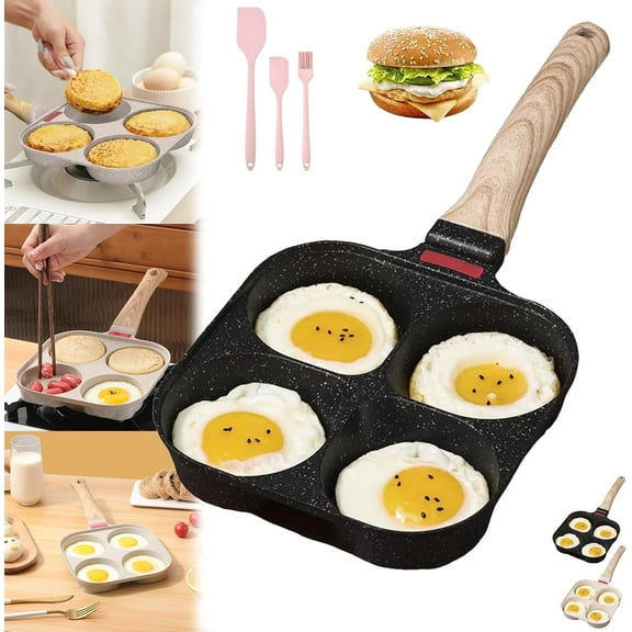 Non-stick Egg Frying Pan, 4 Holes Skillet with Handle, Multifunctional, Wooden Handle Medical Stone, Mini Muffin Egg Cooker Pancake Nonstick Griddle, Quick Breakfast Skillet