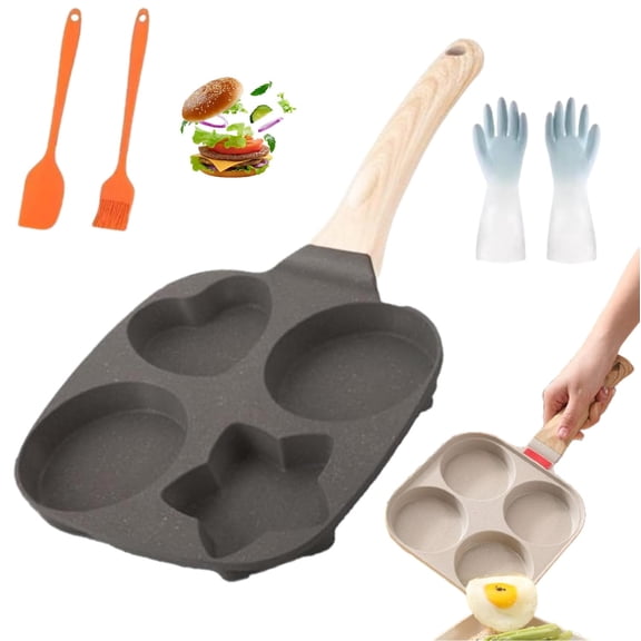 Non-stick Egg Frying Pan, 4 Holes Skillet With Handle, Multifunctional, Wooden Handle Medical Stone Omelet Non-stick Cookware frying pan, Mini Muffin Pancake Cooker,for Gas and Induction Cooktops (F)