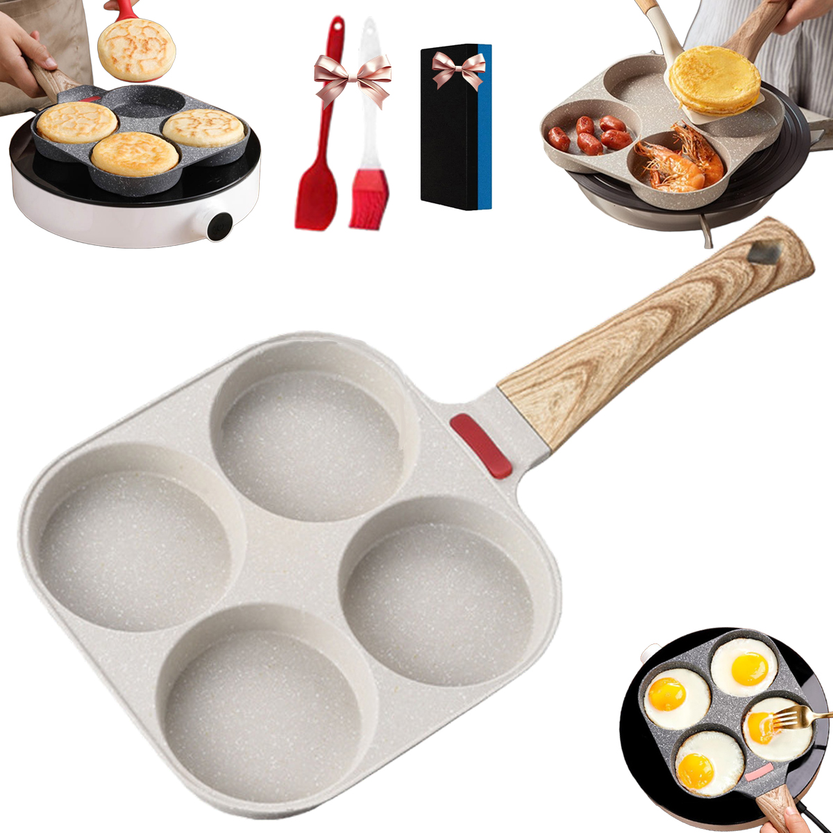 Non-stick Egg Frying Pan, 4 Holes Skillet with Handle,Multifunctional Wooden Handle Omelet Non-stick Cookware Frying Pan,Versatile Breakfast Skillet for Eggs Pancakes Plett Crepes(White)