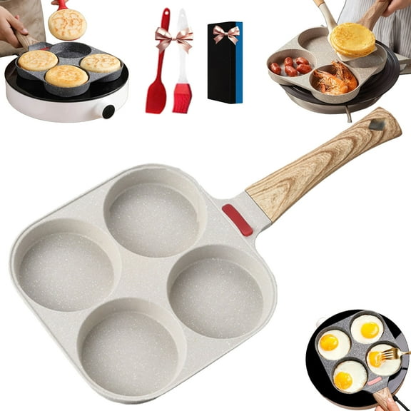 Non-stick Egg Frying Pan, 4 Holes Skillet with Handle,Multifunctional Wooden Handle Omelet Non-stick Cookware Frying Pan,Versatile Breakfast Skillet for Eggs Pancakes Plett Crepes(White)