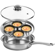 Non-stick Egg Poacher Pan, 4-Cup Stainless Steel Egg Steamer Pan, Multi-purpose Poaching Cooker with Glass Lid for Breakfast Eggs, Cookware Set for Multiple Stove Types