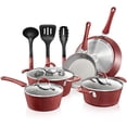 thumbnail image 1 of Non-stick Kitchenware Pots & Pans - 11 Pcs. Stylish Kitchen Cookware Set w/ Elegant Lines Pattern,Gray Inside & Red Outside, Metal + Silicone Handle, PTFE/PFOA/PFOS Free - NCCW11RDL, 1 of 9