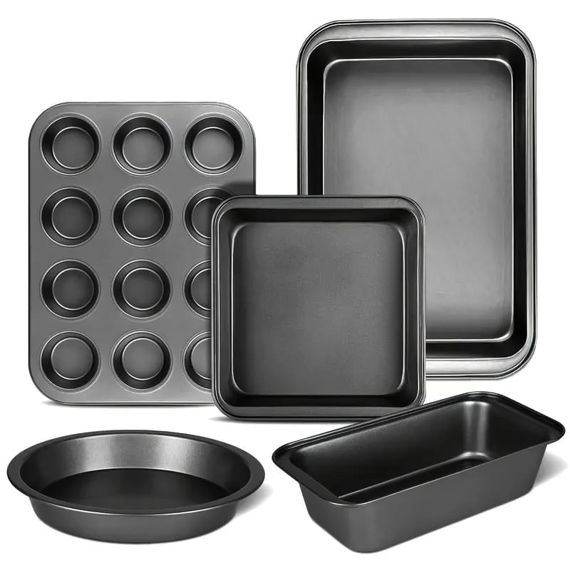 CHEF LANG 5 Pieces Baking Pans Set,Stackable Bakeware Set,Nonstick Baking Sheet Set for Oven,Complete Carbon Steel Bakeware Set,Dishwasher Safe,Balck