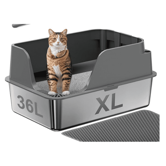 Non-stick Stainless Steel Litter Box, XL Side Opening Splash-Proof & Leak-Proof Seamless Seal, Large Capacity, Cat Litter Box with Lid for Multi-Cats, Large Cats, Easy-Clean & Durable (Gray)