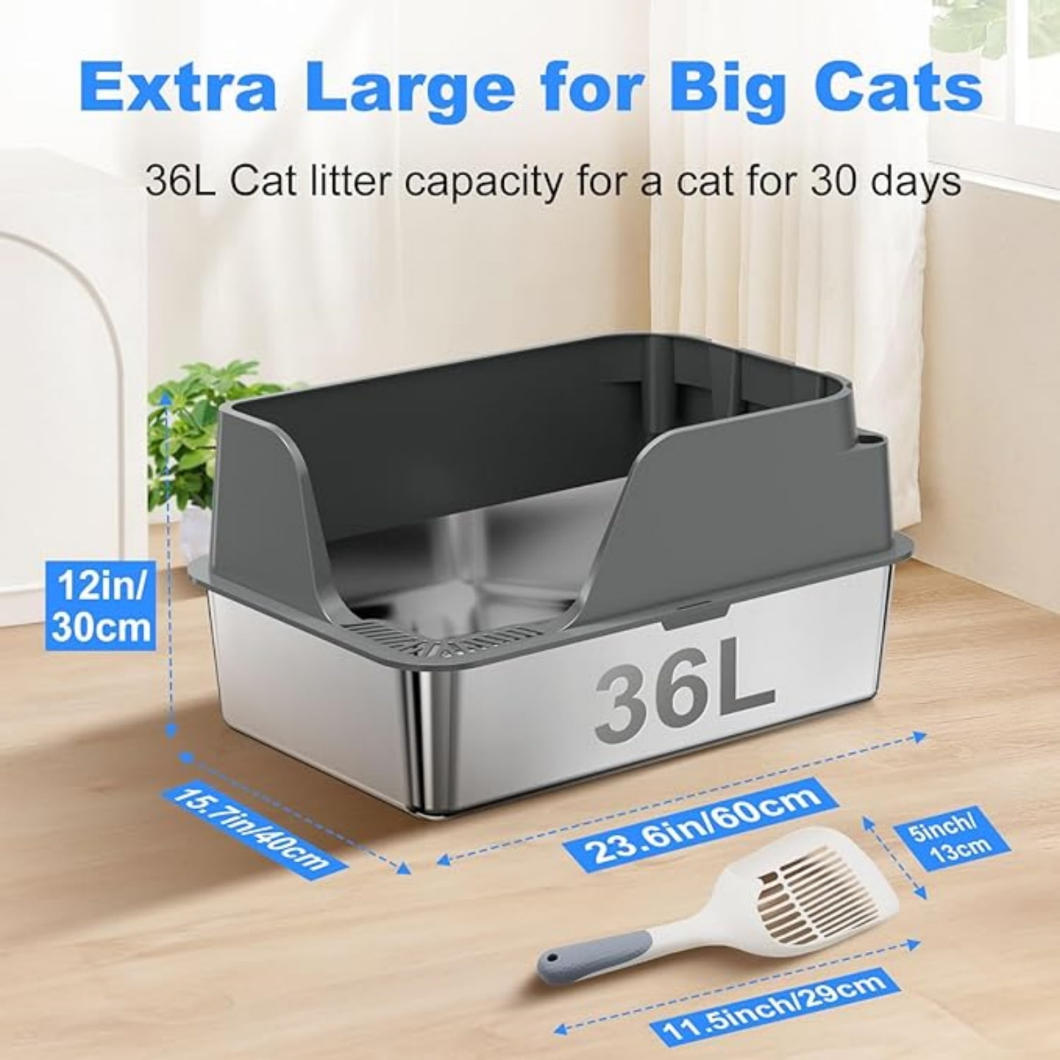 Non-stick Stainless Steel Litter Box, XL Side Opening Splash-Proof & Leak-Proof Seamless Seal, Large Capacity, Cat Litter Box with Lid for Multi-Cats, Large Cats, Easy-Clean & Durable (Gray)