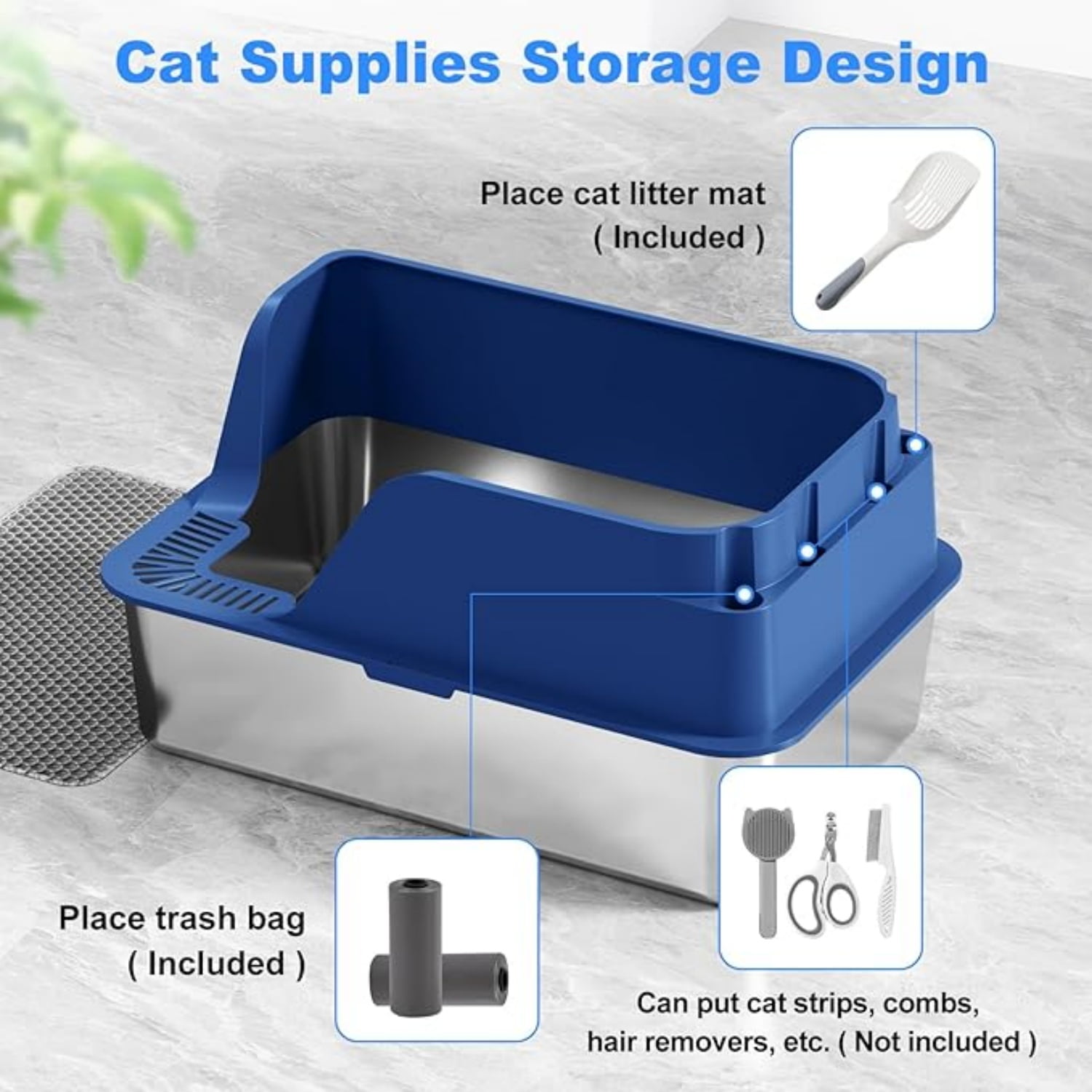 Non-stick Stainless Steel Litter Box, XL Side Opening Splash-Proof & Leak-Proof Seamless Seal, Large Capacity, Cat Litter Box with Lid for Multi-Cats, Large Cats, Easy-Clean & Durable (Blue)
