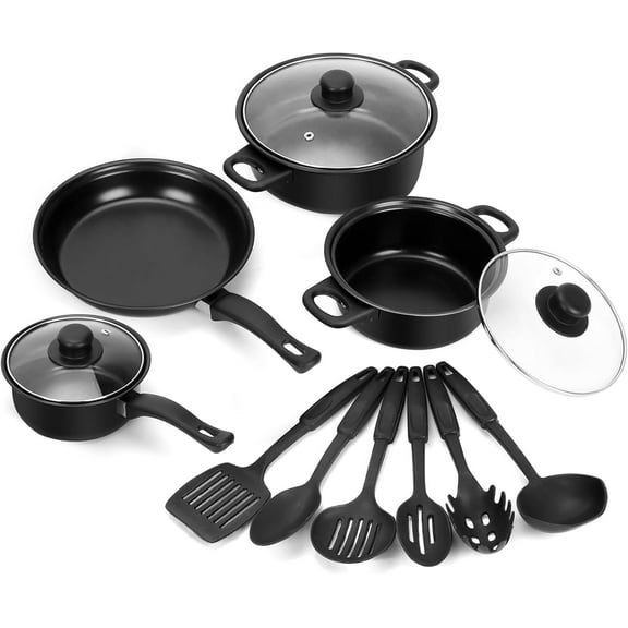 Non-stick cookware set, portable lightweight cast iron cookware with glass lid and nylon cutlery, suitable for outdoor camping and picnic travel