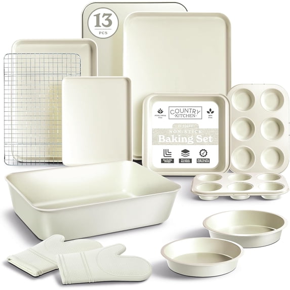 Non-stick stackable baking set - Luxury heavy-duty, durable, easy release baking set, cream color, 13-piece set