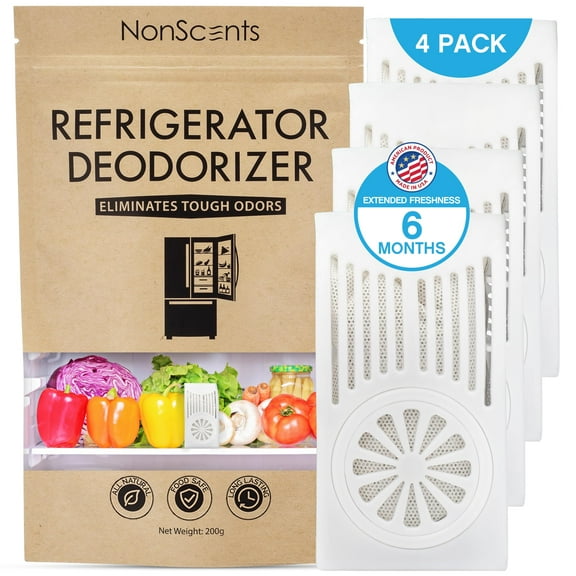 NonScents Refrigerator Deodorizer - Odor Eliminator for Fridge & Freezer - Outshines Baking Soda & Charcoal - Fragrance Free - Unscented & Long-Lasting, Freshen Refrigerator (4-Count)