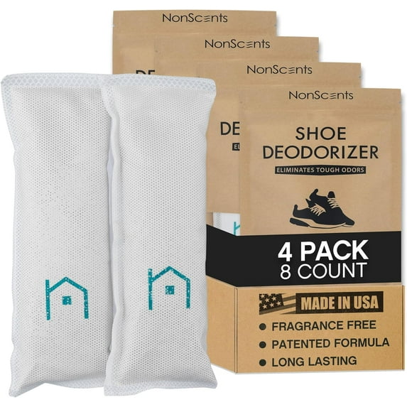 NonScents Shoe Deodorizer 4-Pack (8 Count) - Odor Eliminator, Air Freshener, Smell Absorber, Scent Remover for Shoes, Gym Bags, Soccer Cleats, Closets, Pet Area, Reusable - Shoe Deodorant