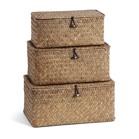 Nonam 3pcs Seagrass Shelf Baskets with Lids,Handwoven Wicker Storage Basket Set for Home Organization,Coffee
