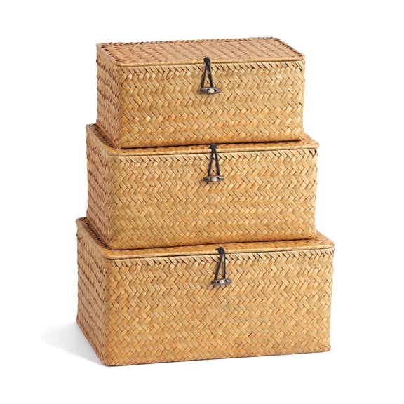 Nonam 3pcs Seagrass Shelf Baskets with Lids,Handwoven Wicker Storage Basket Set for Home Organization,Natural